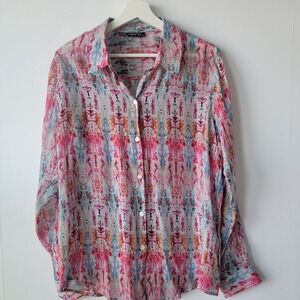 APNY women's button-down blouse size L roll-tab sleeve multicolor artsy